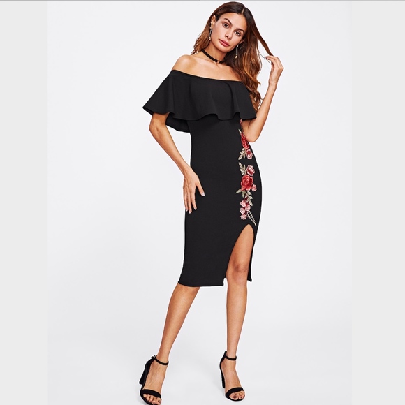 Rouge! Dresses & Skirts - Floral Applique Off Shoulder Bodycon Midi Dress